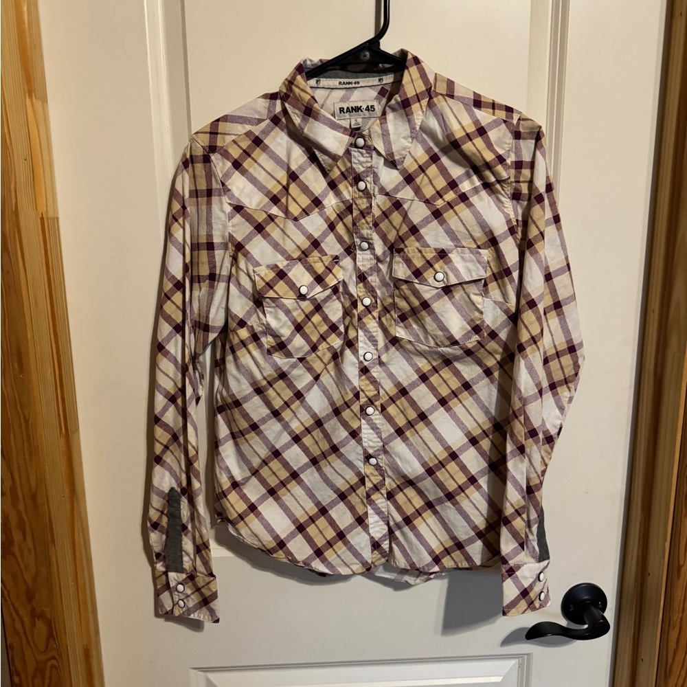 RANK 45|‎ Boot Barn | Pearl Snap Plaid Button-Up Shirt Size Small